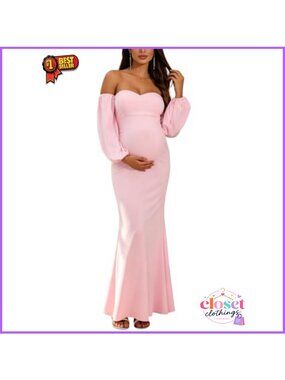 Maternity Mermaid Maxi Gown Off-Shoulder Puff Sleeve Tulle Formal Dress